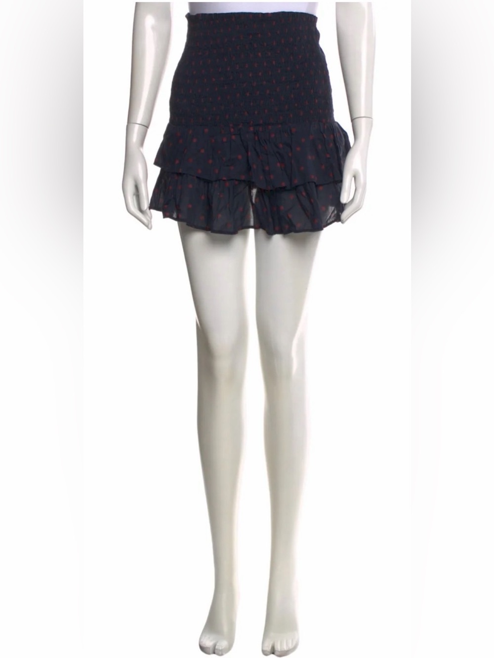 Navy Tiered Mini Skirt with Red Spot Print